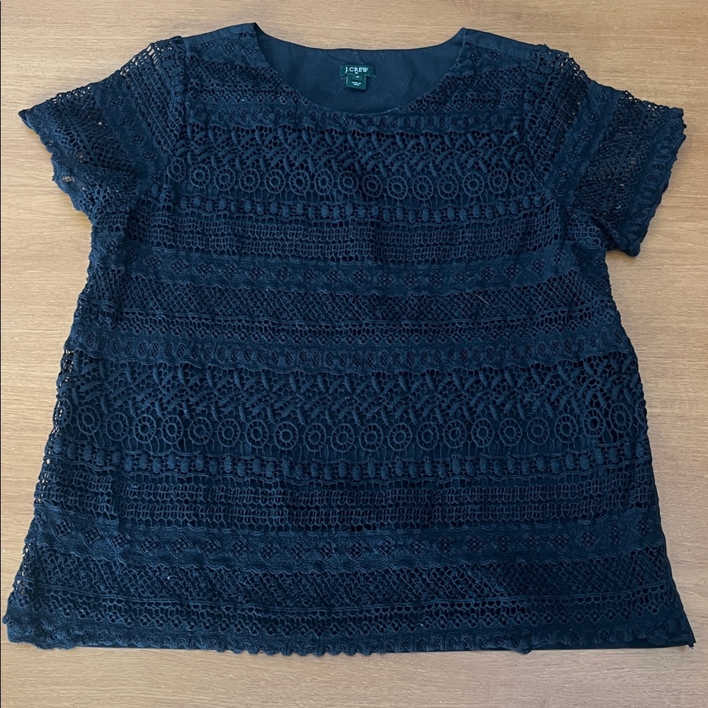 J. Crew Black Cotton Lace Blouse, Round Neck, Short Sleeves, Lined, Size 10 - Picture 1 of 11